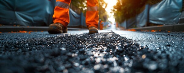 Road construction workers in action paving fresh asphalt during sunset
