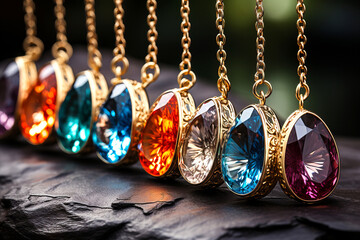 Luxurious Gemstone Necklaces: Colorful and precious stone jewelry. - obrazy, fototapety, plakaty