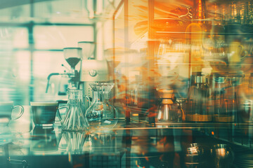 Coffee industry concept, double exposure. Representation of the coffee industry.