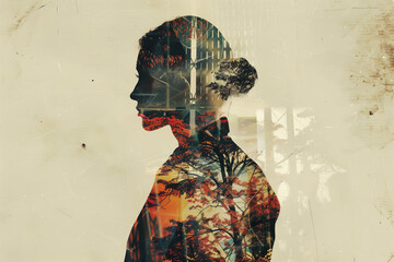 Double exposure portrait. Creative double exposure portrait of attractive girl with branches of tree.  - obrazy, fototapety, plakaty