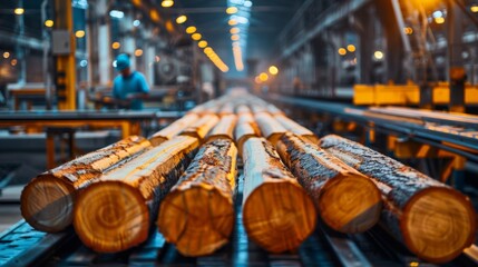 Dynamic industrial scene of a conveyor belt moving logs in a timber factory