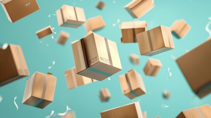 A whimsical image of closed and taped cardboard boxes appearing to fly