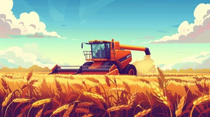 A powerful image of a combine harvester in action, cutting through a field of ripe wheat - obrazy, fototapety, plakaty
