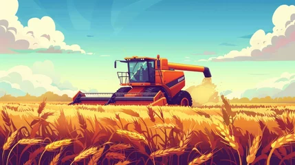 Deurstickers A powerful image of a combine harvester in action, cutting through a field of ripe wheat © Chingiz