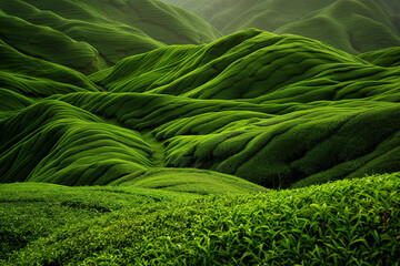Scenic tea plantation on beautiful asian hill. Nature bounty green landscape.  - obrazy, fototapety, plakaty