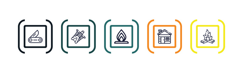 outline icons set from camping concept. editable vector included swiss knife, wingsuit, campfire, lodge, bonfire icons. - obrazy, fototapety, plakaty