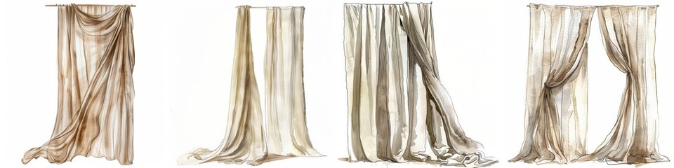 Set of four elegant watercolor drapery curtains in neutral tones, ideal for interior design concepts, home decor illustrations, and textile backgrounds with ample copy space