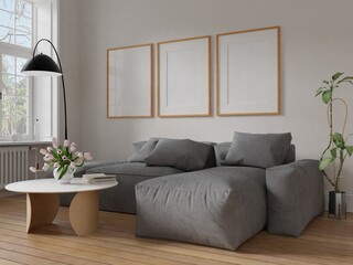 Frame mockup, interior frame, poster wood frame element and living room cozy in empty picture interior sofa and table wooden floor There in illustration 3d rendering.