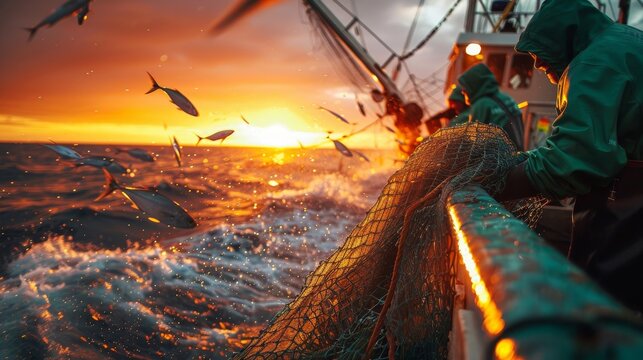 Fishermen at sea during sunrise, hauling in the day's first catch
