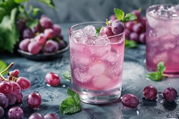 Glass of pink drink with bunch of grapes on top. Drink is served in glass with ice cubes - obrazy, fototapety, plakaty