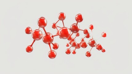 Red and white image of molecule with red and white background. Molecule is made up of many small red spheres