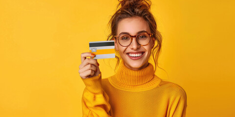 Woman is holding credit card and smiling. Concept of happiness and contentment, as woman is posing with card in cheerful manner. Yellow background adds warm