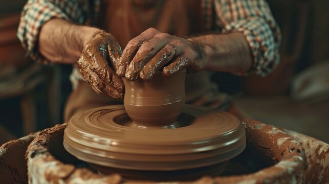 Man is making pottery piece in studio. Pottery is brown and man is wearing brown apron