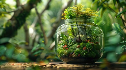 Small vase with plant inside of it. Plant is surrounded by moss and is in forest setting - obrazy, fototapety, plakaty