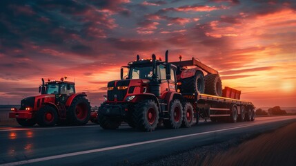 the road ahead is momentarily overshadowed by the impressive load it carries: two large, state-of-the-art farming tractors - obrazy, fototapety, plakaty