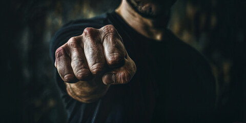 Aggressive man punching with fist, ark blurred background - 764642929