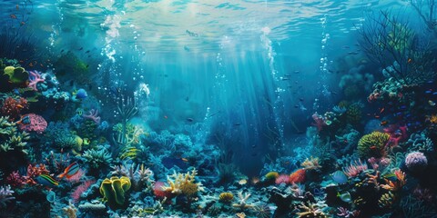 Colorful underwater scene with many fish and coral