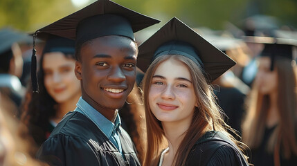  portrait of two happy students of University in black graduation cap and gowns. students in university celebrate academic success. Education, graduation and celebration. - obrazy, fototapety, plakaty