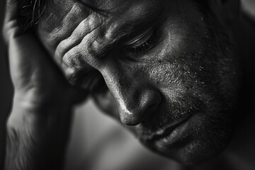 Obraz premium Man is looking down with his hands on his head. He is in state of distress or sadness