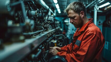 Fototapeta na wymiar Focused technician fine-tuning machinery in industrial engine room