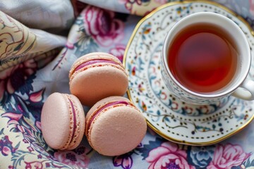 Colorful Macarons Beside a Classic Teacup on a Floral Tablecloth