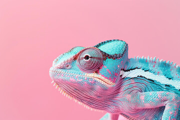 
pastel rainbow colored chameleon on a pink background