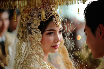 Traditional Asian bride gazing at groom during ceremony. Generative AI image