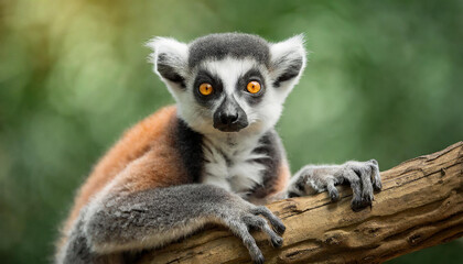 Fototapeta premium Portrait of cute lemur on wooden branch. Green blurred backdrop.