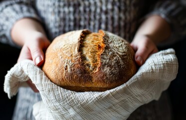 Hands Cradling a Freshly Baked Loaf of Bread in a Cozy Kitchen Setting