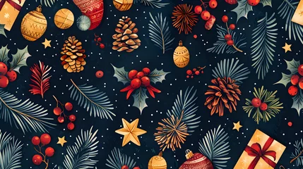 Fotobehang A seamless pattern with a merry Christmas and festive Easter theme, perfect for use as wallpaper or background for holiday-related designs. © NE97