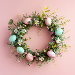 green and pink easter egg floral wreath against a flat pink background png
