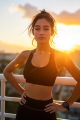 Young Woman Resting After Workout at Sunset on City Rooftop
