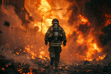 Brave firefighter advancing through intense flames. Generative AI image