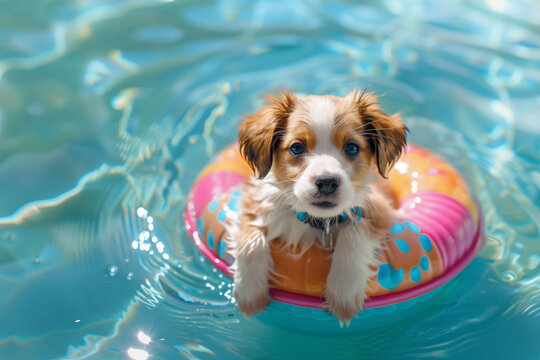 Adorable puppy floating in a pool on a sunny day. Generative AI image