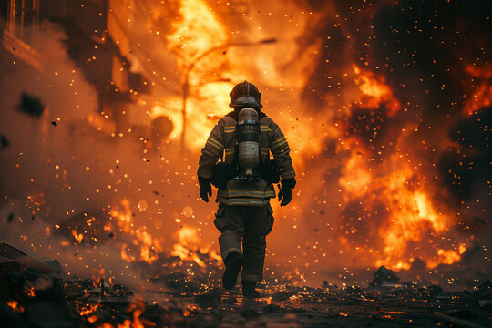 Brave firefighter advancing through intense flames. Generative AI image