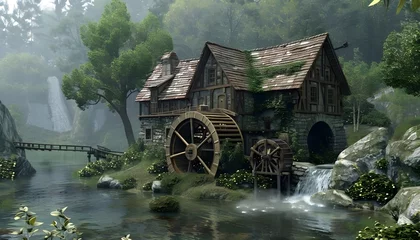 Fotobehang medieval building - water mill © thiraphon