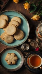 Handmade shortbread cookies in a beautiful unique ancient plate, next to tea, a tray. Old vintage retro tableware, dishes. View from above.