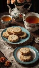 Handmade shortbread cookies in a beautiful unique ancient plate, next to tea, a tray. Old vintage retro tableware, dishes. View from above.