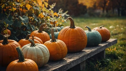 Pumpkins in the garden. Preparation for the holiday. Halloween. Trendy retro treatment colors. Nostalgia. Cozy fall view.