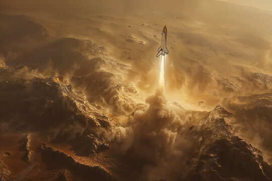 Mars rocket launch amidst dusty terrain. Generative AI