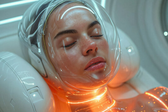 Woman in hibernation within transparent spacesuit. Generative AI