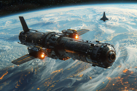 Mothership orbiting earth with space shuttle. Generative AI