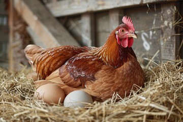 Hen on straw with eggs. Farm. 
