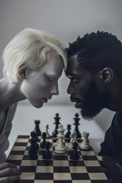 A captivating photo of an albino girl and a black boy locked in an intense monochrome chess duel, symbolizing focus and diversity. Generative AI