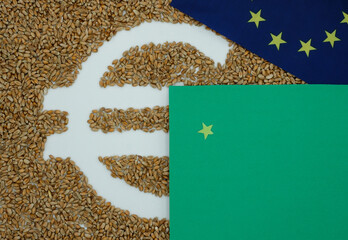 Euro symbol. Wheat. Grain. European Union flag. European Green Deal. Space for text. Top view. 