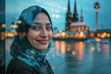 Smiling Muslim woman with city lights at twilight. Generative AI image