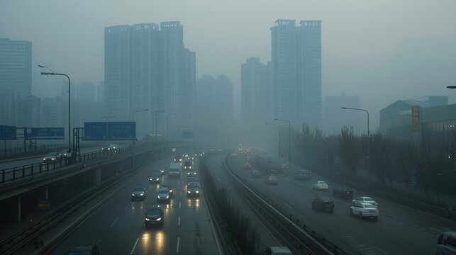 Environmental damage, air pollution, people wearing masks, the city is full of pollution