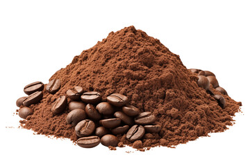 A pile of ground coffee and coffee beans isolated on a transparent background.