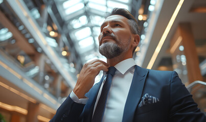 Naklejka premium Confident Businessman Adjusting His Necktie Before Important Meeting, Generative AI 