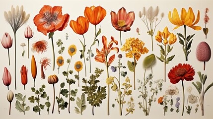 Botanical Illustration: Detailed watercolor drawing of flowering plants with separate parts of it. - obrazy, fototapety, plakaty